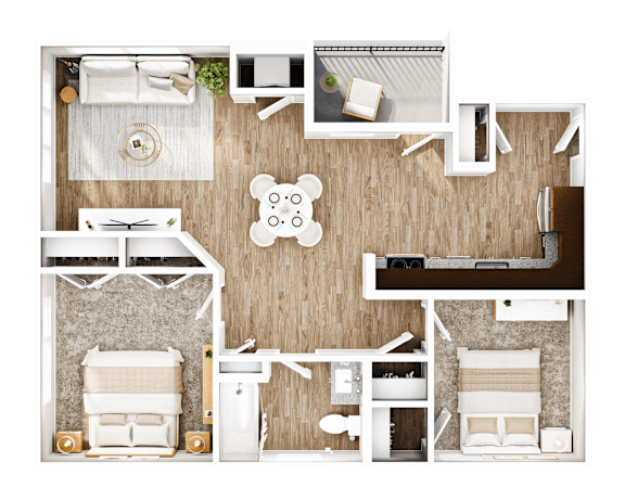 A top-down view of a living room with a couch, coffee table, and kitchen area.