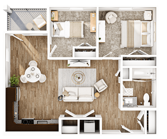 A top-down view of a modern, minimalist bedroom and living room layout.