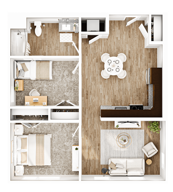 A top-down view of a small apartment layout with a kitchen, living room, and bedroom.