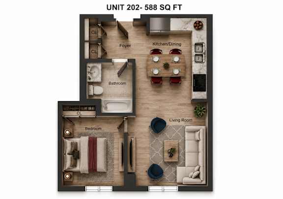 A floor plan of a 588 square foot unit with a living room, bedroom, bathroom, kitchen/dining area, and a foyer.
