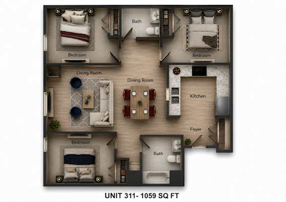 A floor plan of a 1059 square foot apartment with two bedrooms, a living room, a dining room, a kitchen, a foyer, and a bathroom.