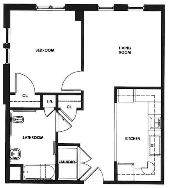 A black and white image of a floor plan for a small apartment.