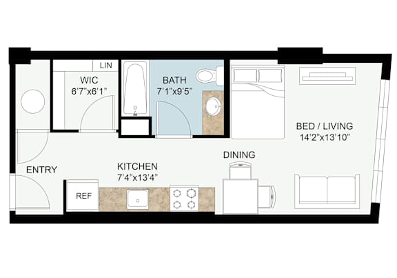 A floor plan of a small apartment with a kitchen, living room, and bathroom.