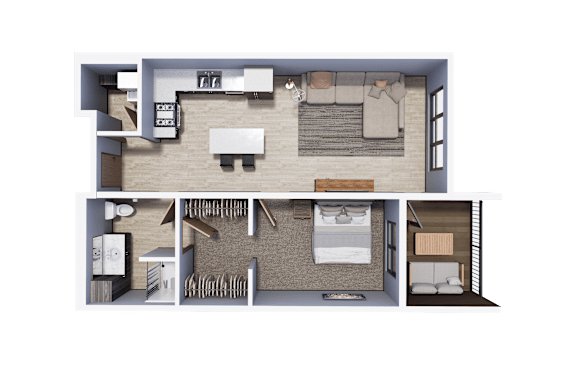 A 3D rendered image of a house layout.