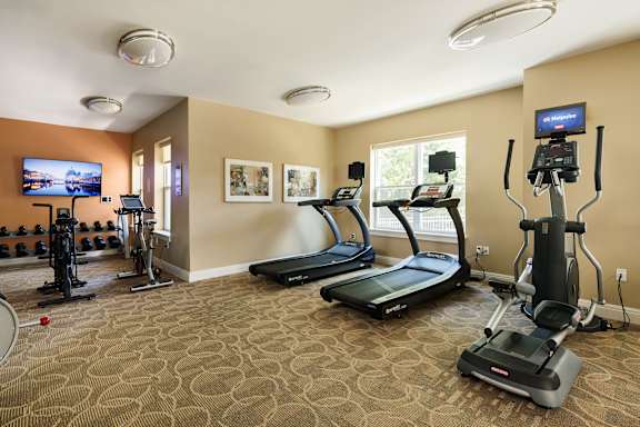 A home gym with a treadmill, elliptical trainer, and other exercise equipment.