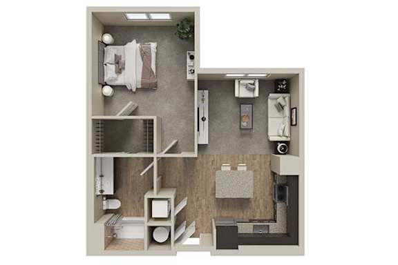 A top-down view of a small apartment with a kitchen, living room, and bathroom.