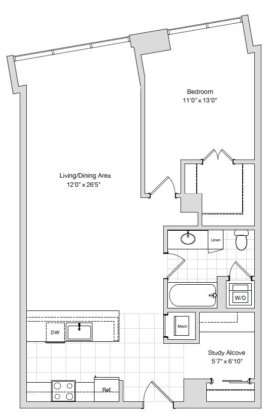 A floor plan of a house with a living area, study alcove, and bedroom.