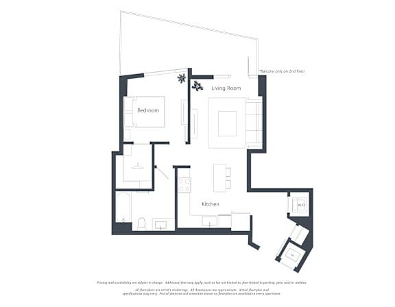 A floor plan of a house with a living room, bedroom, kitchen, and bathroom.