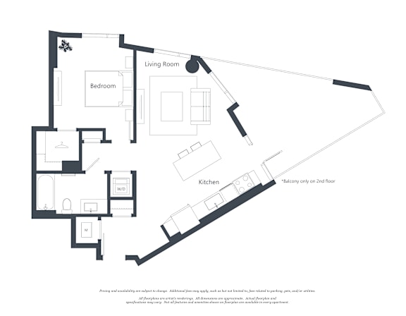 A black and white floor plan of a house with a living room, bedroom, kitchen, and bathroom.