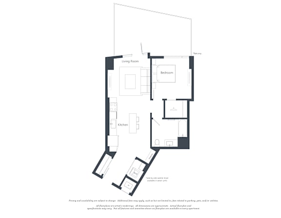 A floor plan of a house with a living room, two bedrooms, a bathroom, and a kitchen.