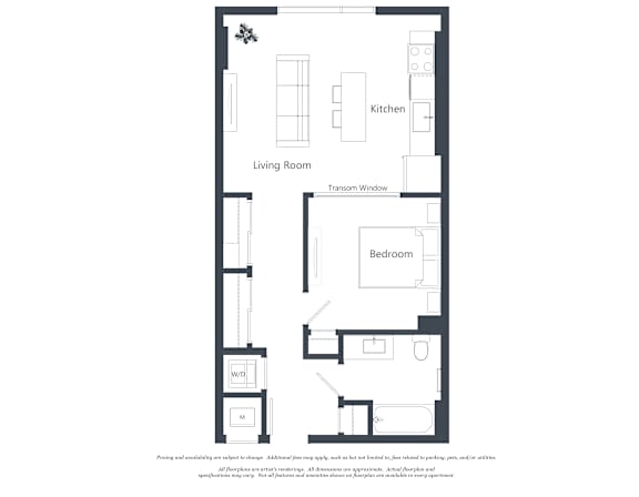 A floor plan of a small apartment with a living room, kitchen, and bedroom.