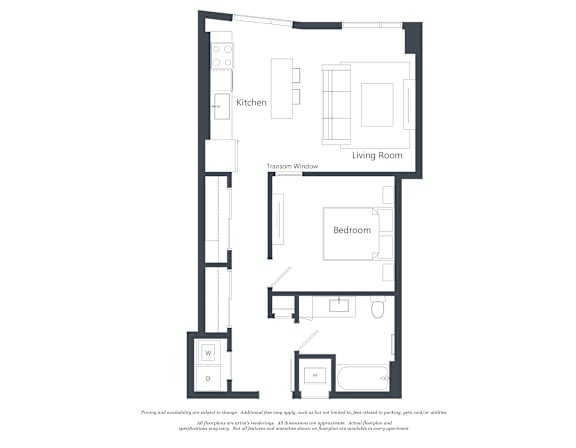 A floor plan of a house with a kitchen, living room, and bedroom.
