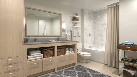 a bathroom with a shower and a sink and a mirror