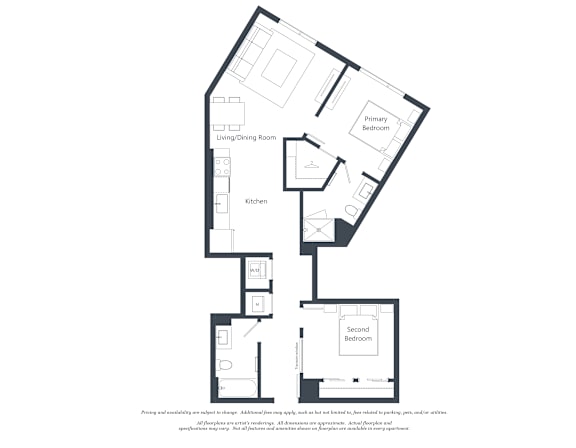 A floor plan of a house with a living/dining room, kitchen, and two bedrooms.