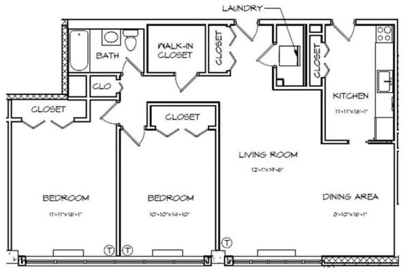  Floor Plan 2 Bedroom - 1 Bath | B02 (Workforce Housing 80% AMI)