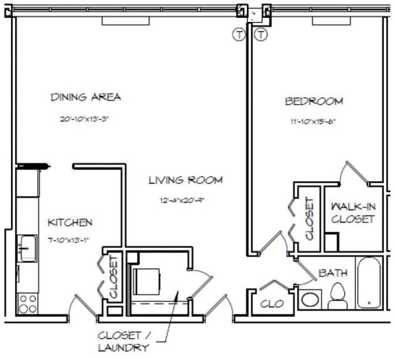  Floor Plan 1 Bedroom - 1 Bath | A14 (Workforce Housing 80% AMI)
