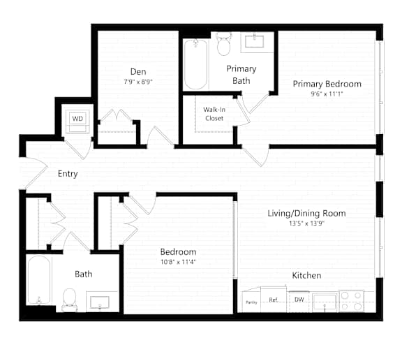 A black and white image of a floor plan for a home with a den, primary bedroom, living/dining room, kitchen, and two bathrooms.