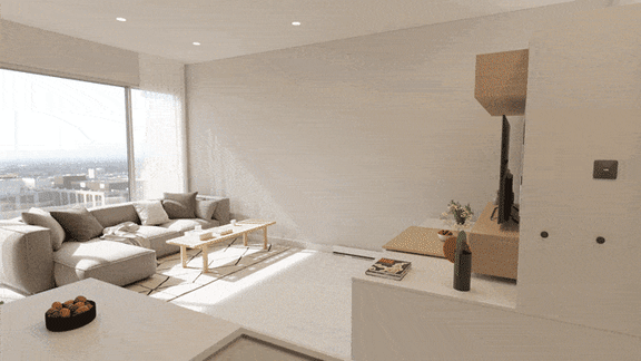A modern living room with a large window overlooking the city.