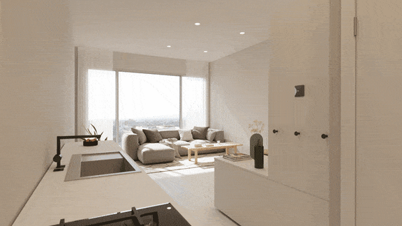 A modern kitchen with a large window and a dining area.