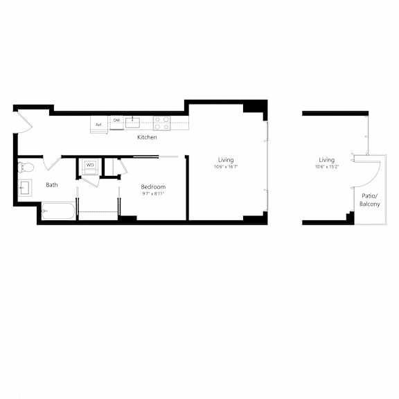 A floor plan of a house with a kitchen, bath, bedroom, living room, and patio.