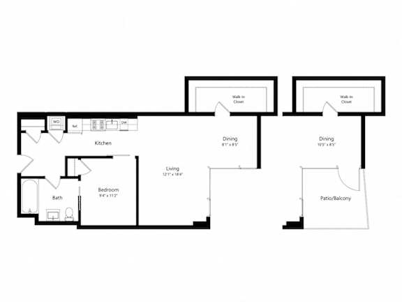 A floor plan of a house with a kitchen, dining room, living room, bathroom and bedroom.