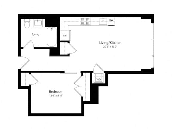 A floor plan of a small apartment with a living/kitchen area and a bedroom.