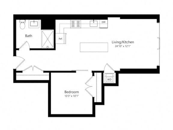 A floor plan of a small apartment with a living/kitchen area, bedroom, and bathroom.
