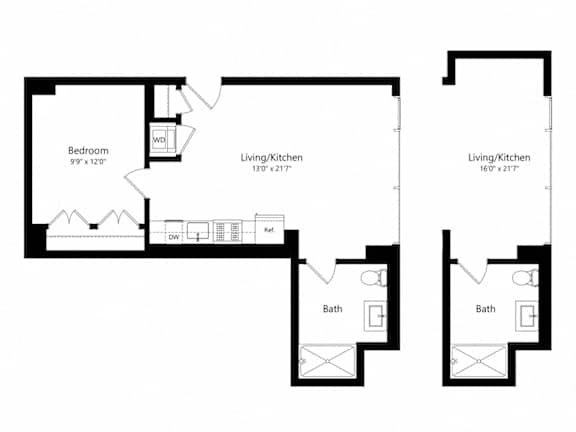 A floor plan of a house with two bedrooms, two bathrooms, and two living/kitchen areas.