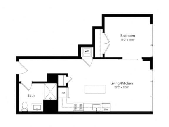 A floor plan of a small apartment with a bedroom, living/kitchen area, and bathroom.