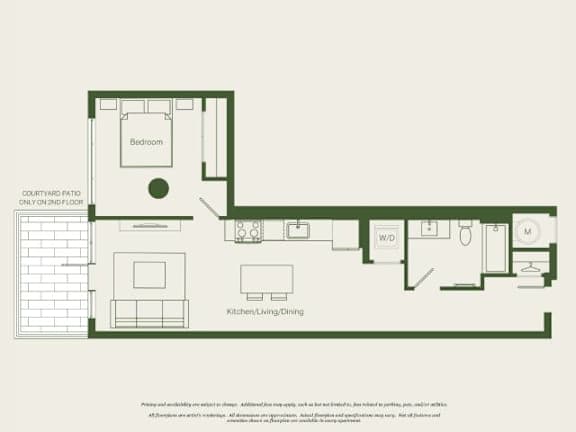 A floor plan of a house with a bedroom, kitchen, and living room.