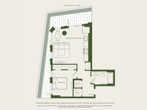 A floor plan of a terrace chth floor with a kitchen, dining area and two bedrooms.