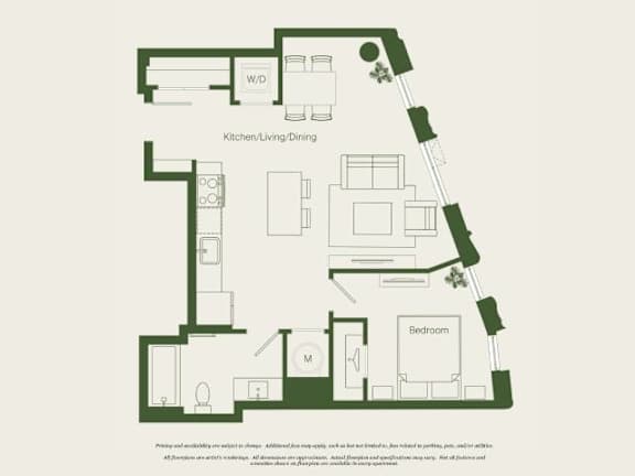 A floor plan of a house with a kitchen, living room, dining room, and bedroom.