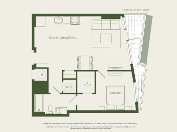 A floor plan of a house with a kitchen, living room, dining room, and bedroom.