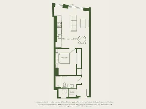 A floor plan of a house with a kitchen, dining room, and bedrooms.
