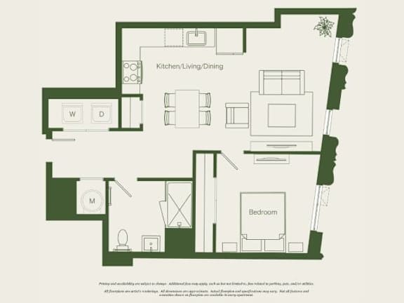 A floor plan of a house with a kitchen, dining area, and bedrooms.
