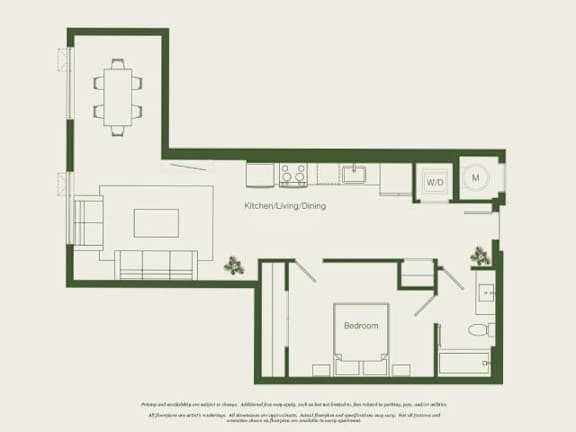 A floor plan of a house with a kitchen, living room, dining room, and bedroom.
