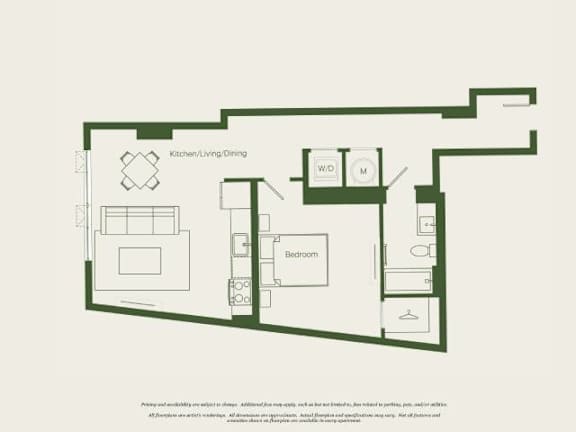 Floor Plan  A floor plan of a house with a kitchen, dining area, and a bedroom.