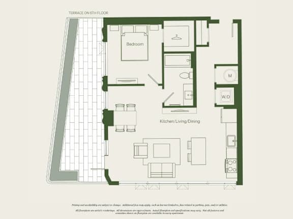 A floor plan of a house with a bedroom, kitchen, and living room.