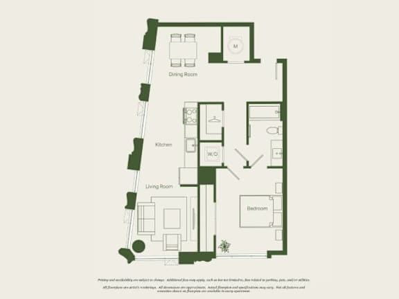 A floor plan of a house with a kitchen, living room, dining room, and bedrooms.