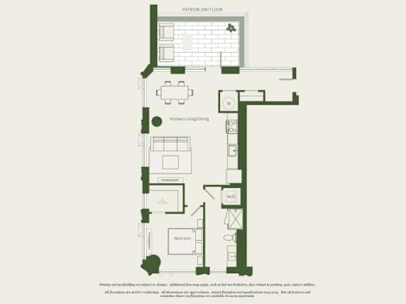 A floor plan of a house with a kitchen, living room, and bathroom.