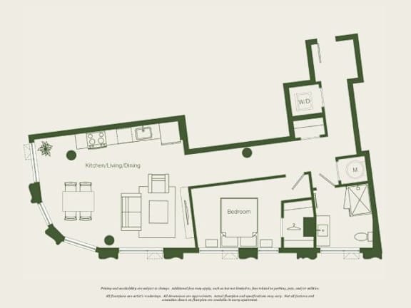 A floor plan of a house with a kitchen, living room, dining room, and bedroom.