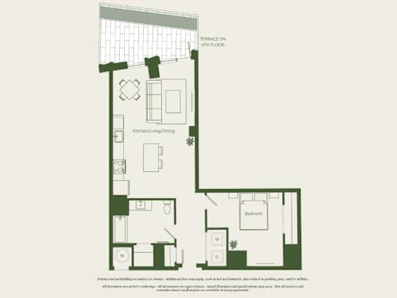 A floor plan of a house with a kitchen, living room, and bathroom.