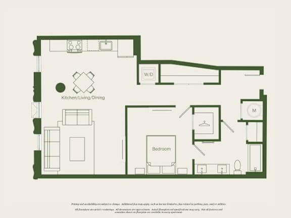 Floor Plan  A floor plan of a house with a kitchen, living room, dining room, and two bedrooms.