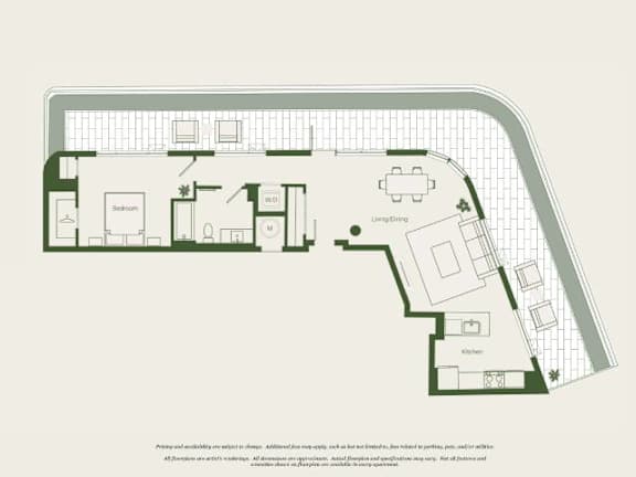 A floor plan of a house with a living room, dining room, kitchen, and two bedrooms.
