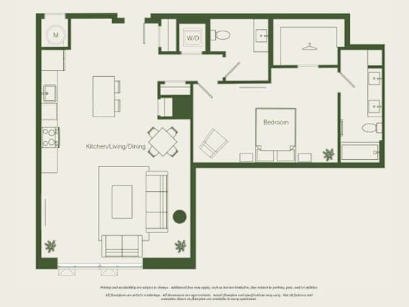A floor plan of a house with a kitchen, living room, dining room, and bedrooms.