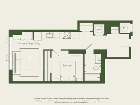 A floor plan of a small apartment with a kitchen, living room, dining area, and a bedroom.