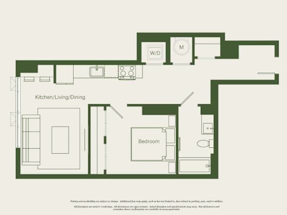 A floor plan of a house with a kitchen, dining area, and bedroom.