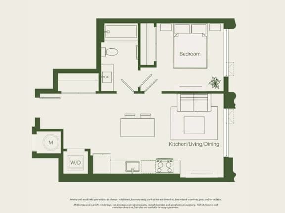 A floor plan of a house with a kitchen, living room, dining room, and bedroom.