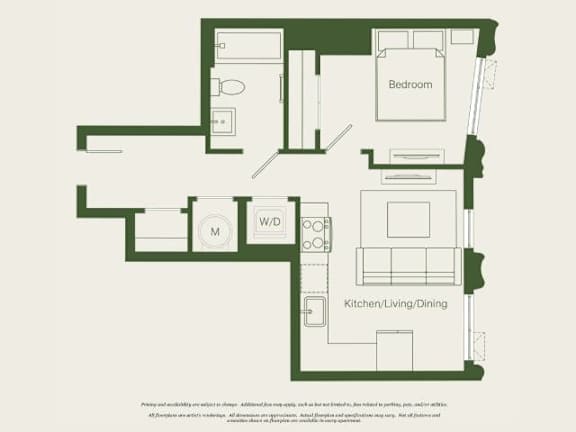 A floor plan of a house with a bedroom, kitchen/living/dining area, and a bathroom.
