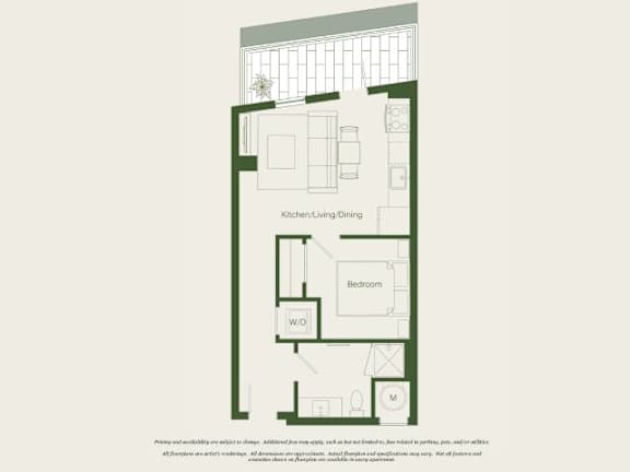 A floor plan of a small apartment with a kitchen, living room, dining area, bedroom, and bathroom.